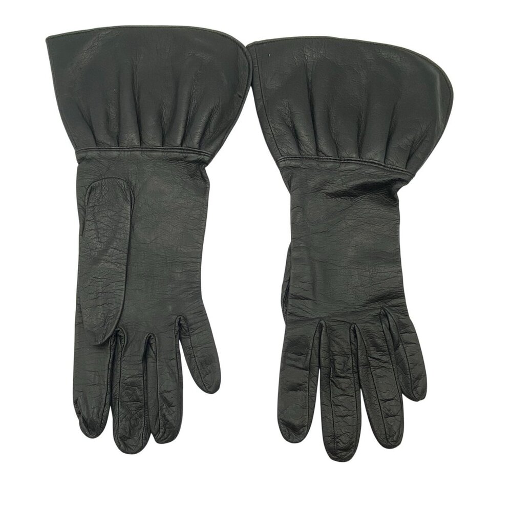 Vintage‎ black leather driving gloves size 7 Pouf peplum flared wrist